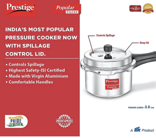 Prestige Popular Svachh Virgin Aluminium Spillage Control Outer Lid Pressure Cooker, 3 L (Silver) - Image 4
